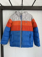 LL Bean Kids Colorblock Hooded Down Fleece Lined Jacket SZ L6X/7 Blue Red Orange