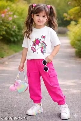 Girls White T-Shirt & Cargo pant Set Pocket Cargo Pants Trendy Casual Outfit