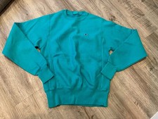 Vintage Champion Reverse Weave Crewneck Teal Embroidered USA Made XS