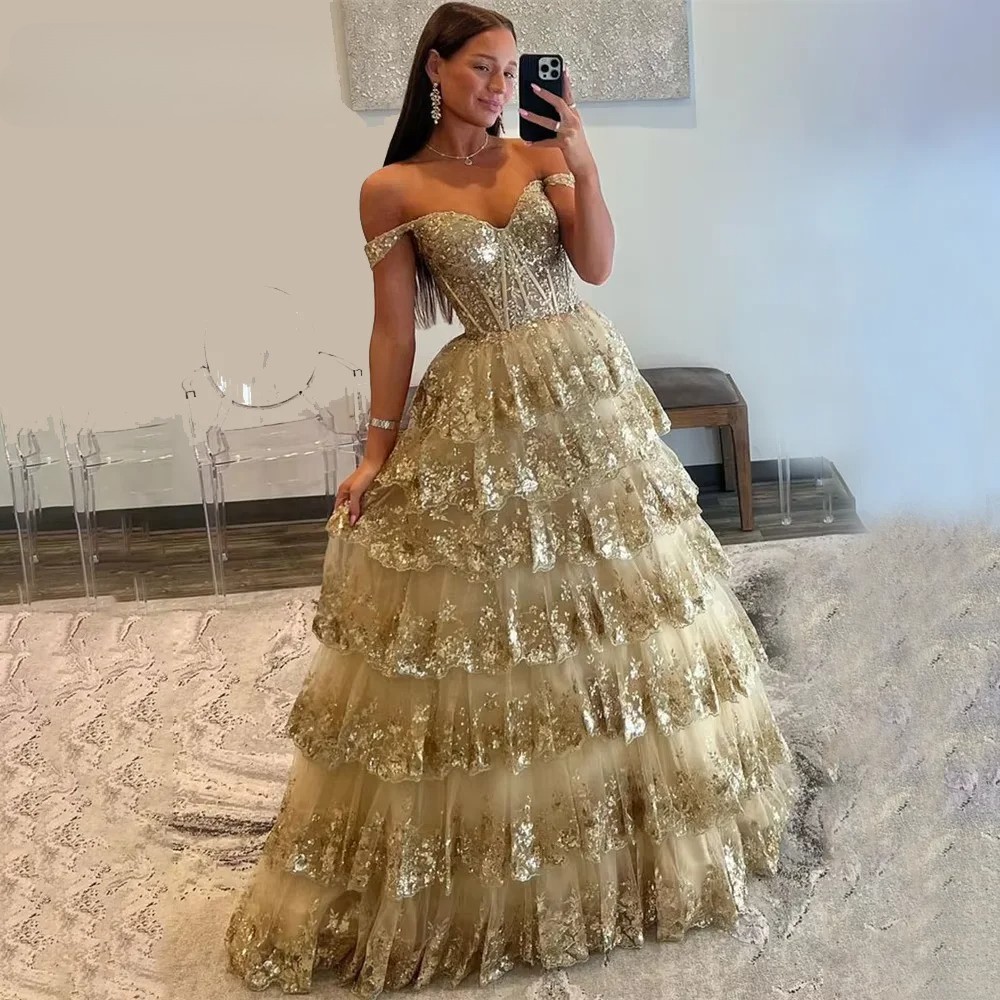 Puffy Gold Evening Dress Off Shoulder Layered Prom Dress Appliques Party Dress | eBay Puffy Gold Evening Dress Off Shoulder Layered Prom Dress Appliques Party Dress | eBay