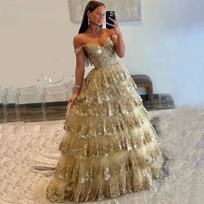 Puffy Gold Evening Dress Off Shoulder Layered Prom Dress Appliques Party Dress