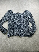 LOFT Outlet Blouse Womens Large Blue White Floral Print Long Sleeve Boho Top