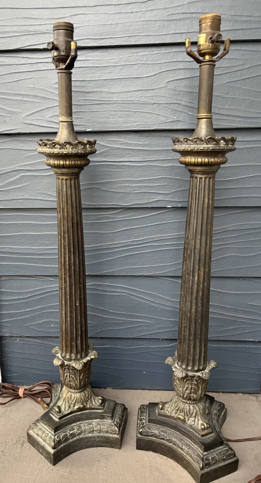 Pair Of Vintage Fredrick Cooper  Large Bronze corinthian Column Table Lamps RARE