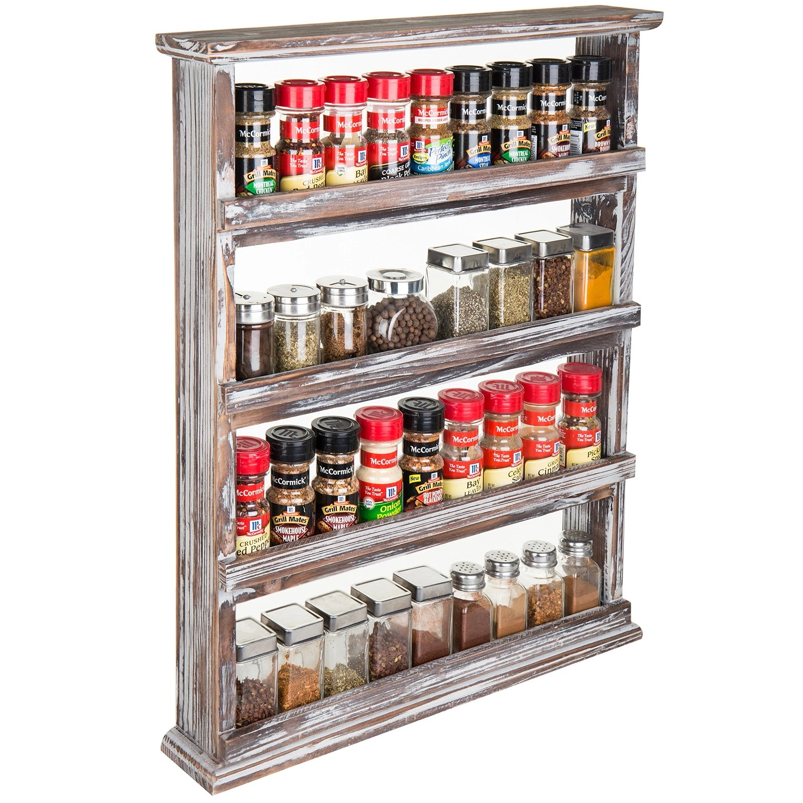 MyGift Wooden Spice Rack Wall Mount, Hanging 4 Tier Seasoning Jar Shelf
