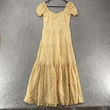 Billabong Maxi Dress Womens Large Yellow Floral Puff Sleeve Smocked Boho Tiered