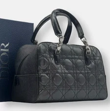 Christian Dior Cannage Women's Boston Bag Handbag Denim Leather Black Japan