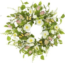 18" Spring Summer Wreaths for Front Door, Artificial Floral Wreath with White...