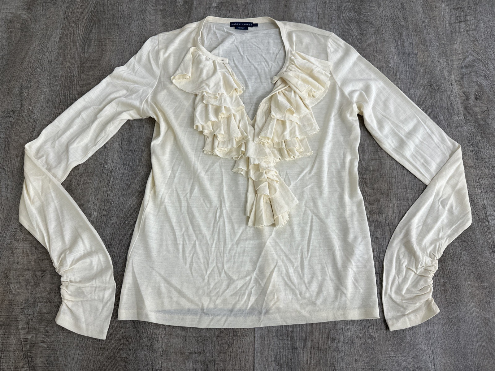 Ralph Lauren Women's Ivory Silk Ruffle Blouse Cottagecore Boho Size L
