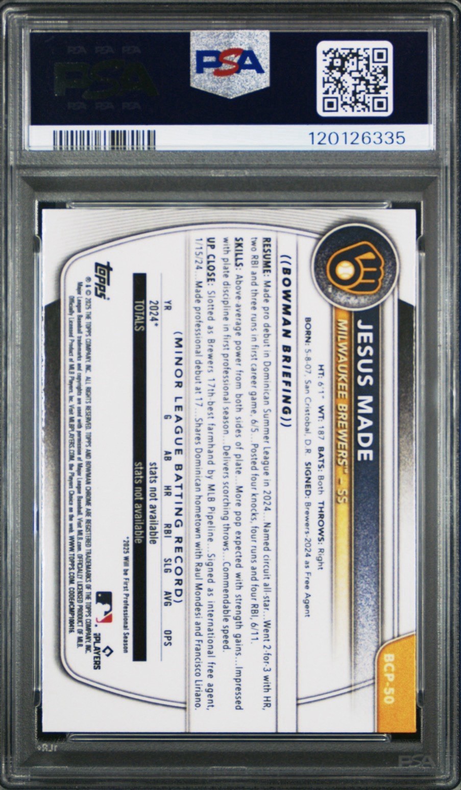 2025 1st Bowman Jesus Made #BCP50 Chrome Rookie RC Baseball Card PSA 10 QTY view 2