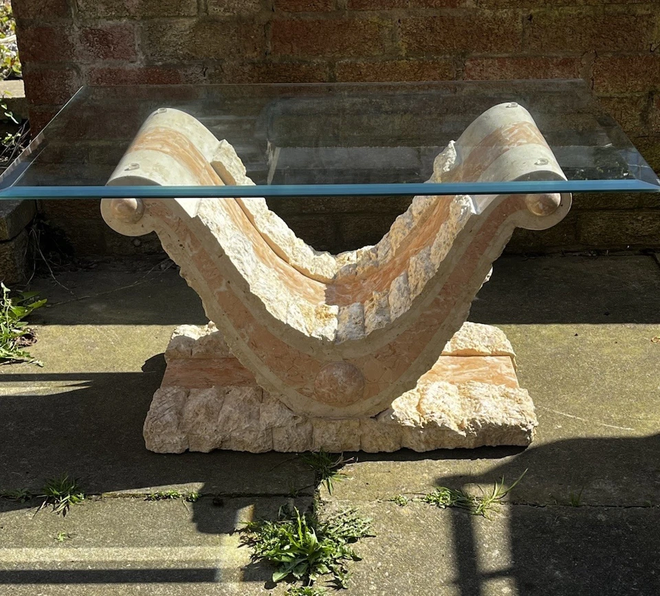 Retro Vintage Postmodern 1990s Mactan Tessellated Stone Glass Coffee Side Table - Image 2 of 4