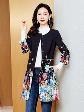 Women's New Fashion Mid Long Round Neck Printed Trench Coat Slim Jacket Outwear