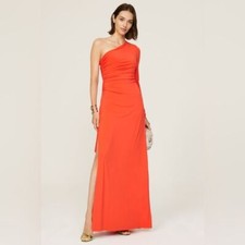 HALSTON One Shoulder Drape Ruched Orange Cocktail Evening Dress Formal Gown 12
