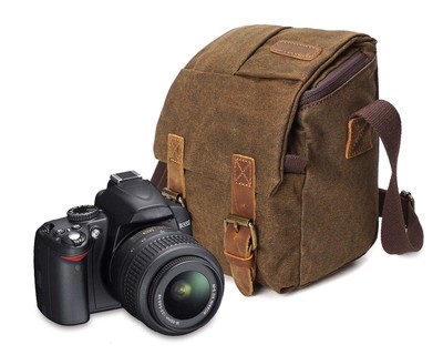 Small Camera Bag/Case, Vintage Canvase Leather Trim DSLR SLR Camera Shoulder ...