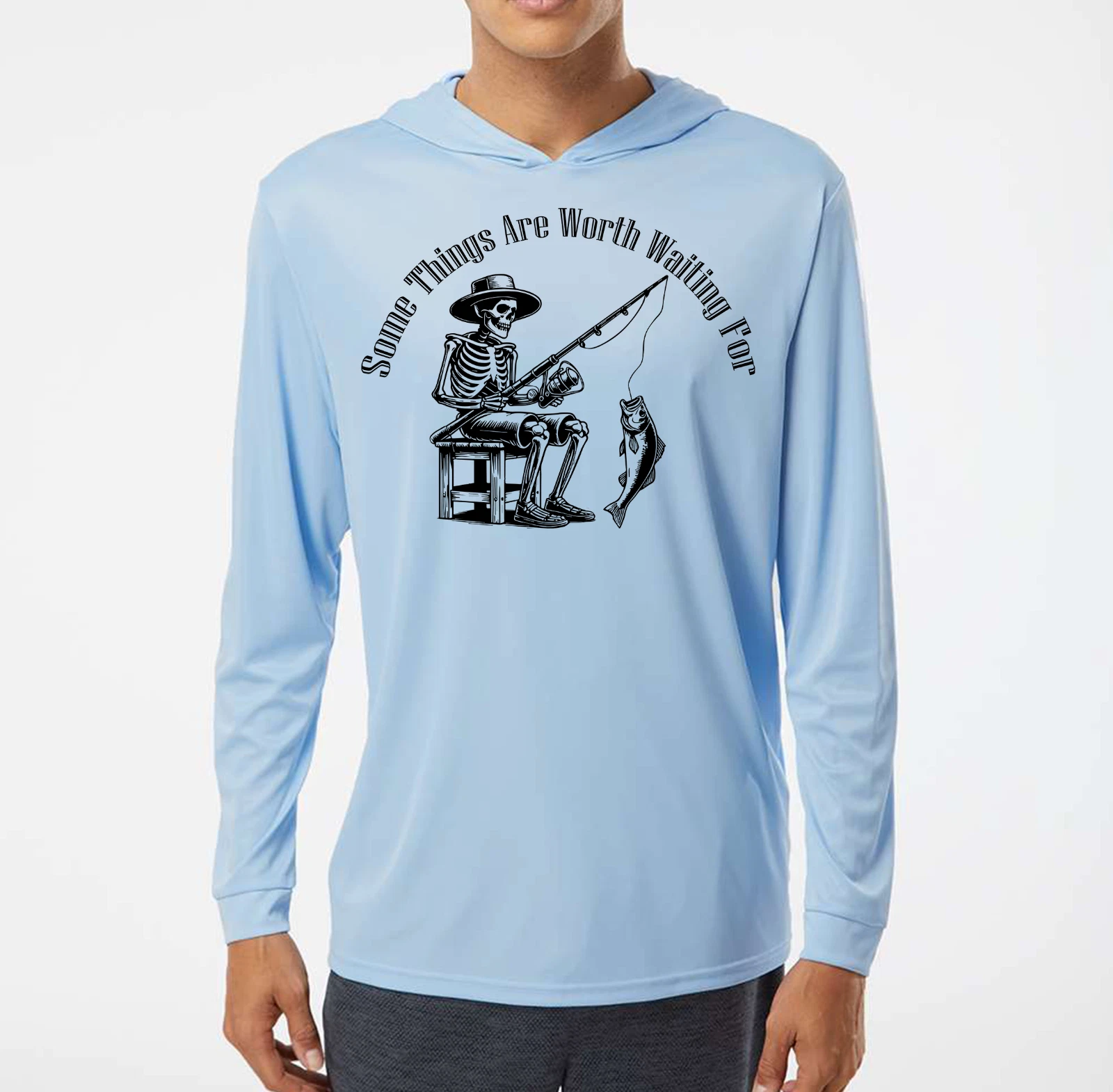Fishing Skeleton Fish Fisherman Fun UV Protected UPF 50 Long Sleeve T-Shirt Hood