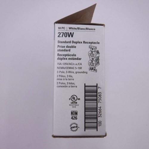 10 Pack Eaton Standard White Duplex Receptacles 125V 270W - Picture 2 of 2