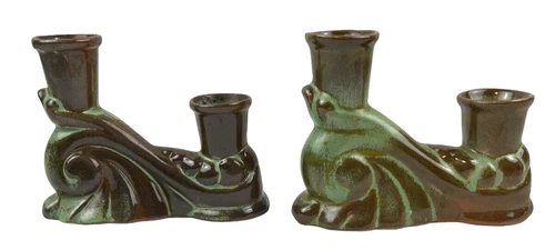 Vintage Frankoma 304 Pottery Glazed Green & Brown Dbl Candle Holder Double Pair
