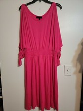 Lane Bryant Cold Shoulder Dress 3/4 Sleeve Tassel Smocked Waist Hot Pink