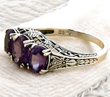 VINTAGE STYLE 925 STERLING SILVER THREE-STONE SIMULATED ALEXANDRITE RING  422X