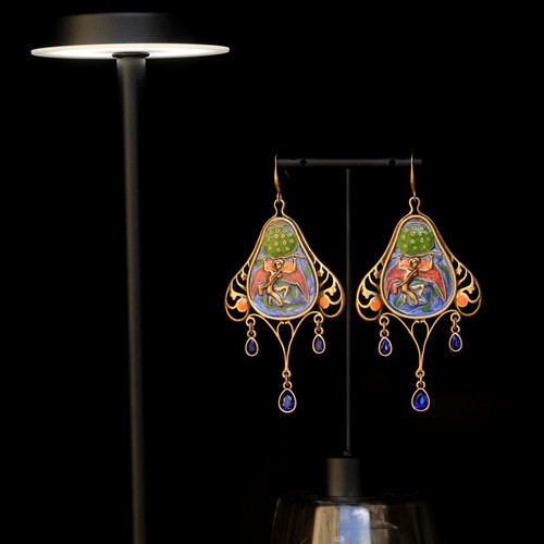 Orecchini Dorato Grandi Lampadario Smalto Verde Arte Nuovo Vintage Stile EH6 - Foto 6 di 9