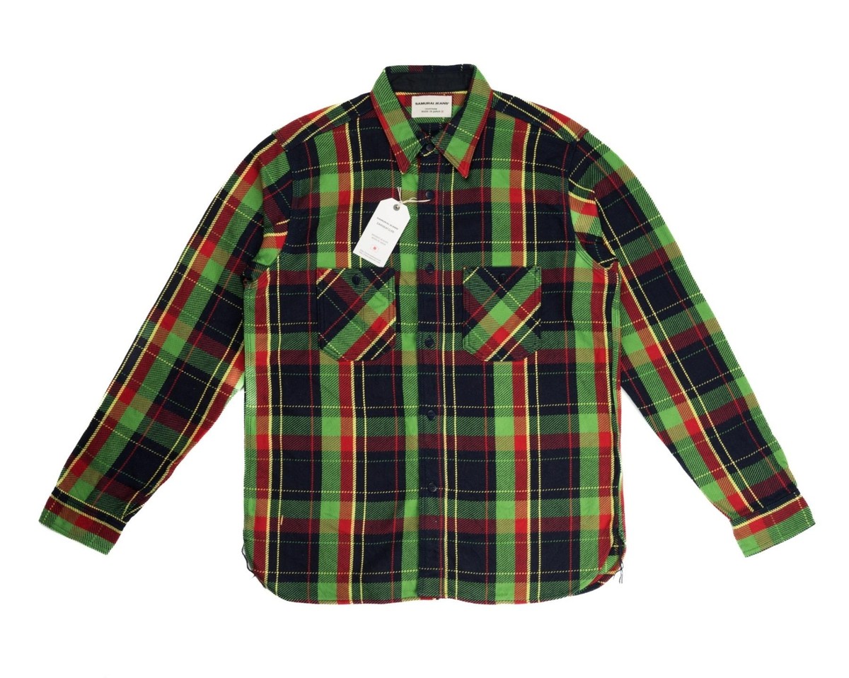 Samurai Jeans $395 NWT Rope Dyed Plaid Flannel Shirt Green Indigo