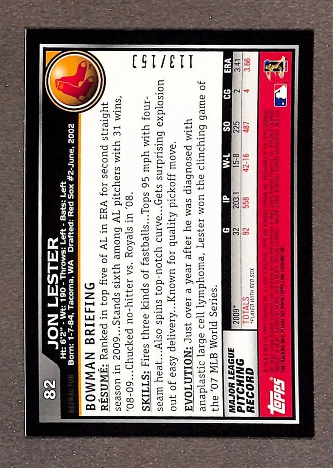 2010 Bowman Chrome Blue Refractor #82 Jon Lester /150 - Image 2 of 3