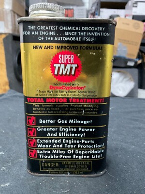 Vintage SUPER TMT TOTAL MOTOR TREATMENT 8oz Tin Oil Can Full