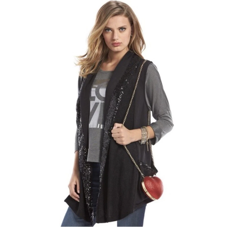 Juicy Couture Plumero Largo Talla M BOLSILLOS LENTEJUELAS Cárdigan Suéter Chaleco Foto 2 de 4