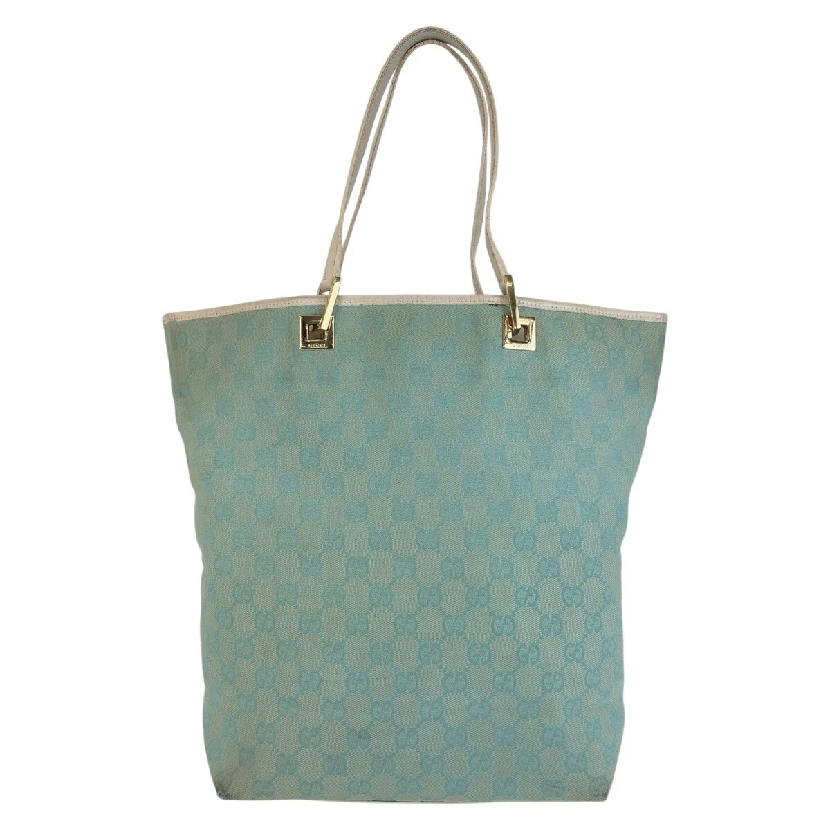 Sac fourre tout bandoulière GUCCI 002 1098 vert menthe matériel doré GG toile/cuir