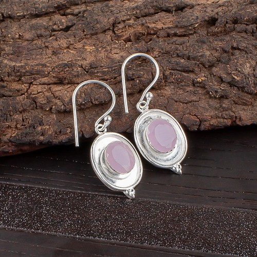 Rose Chalcedony Gemstone 925 Sterling Silver Jewelry Earring1.50" For Girlfriend - Picture 4 of 4