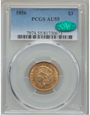 1856 $3 Gold Princess PCGS AU55 CAC Three Dollar Gold Piece 81730673