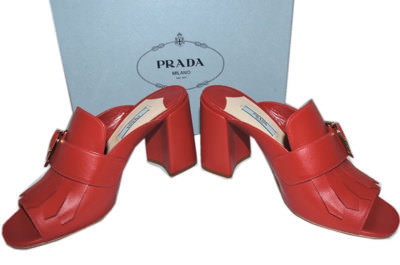Prada Sandals Kiltie Fringe Mules Buckle Slide Block Heel Shoe RED