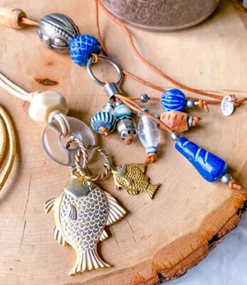 The Limited Charm Gold Fish Rope Y Silver Necklace Blue Wood Long Bead BOHO VTG