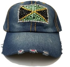 Jamaica Rhinestone Baseball Cap Jamaican Jean Denim Hat Bling light Blue Flag