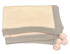 Pottery Barn Kids Baby Knit Blanket Gray Pink  Cream 30x40 Pom Pom