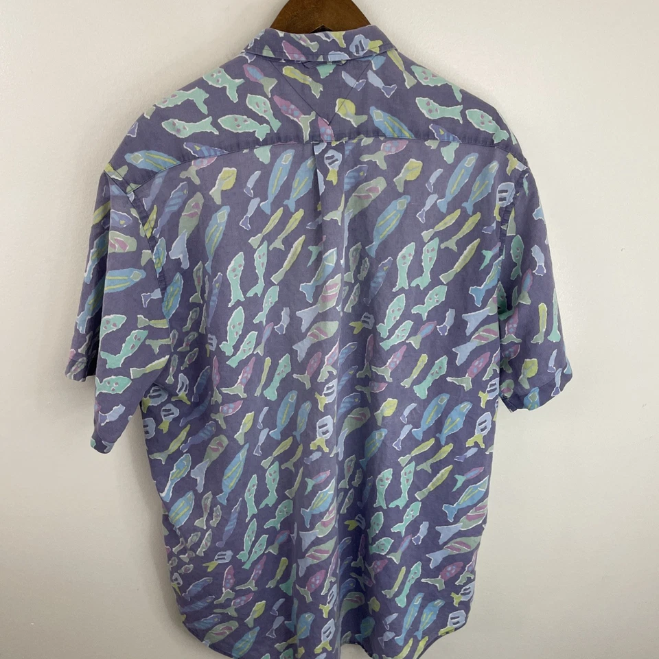 Camisa de Colección Tommy Hilfiger Mezcla de Lino Para Hombre Grande Púrpura Pez Manga Corta * Foto 2 de 4