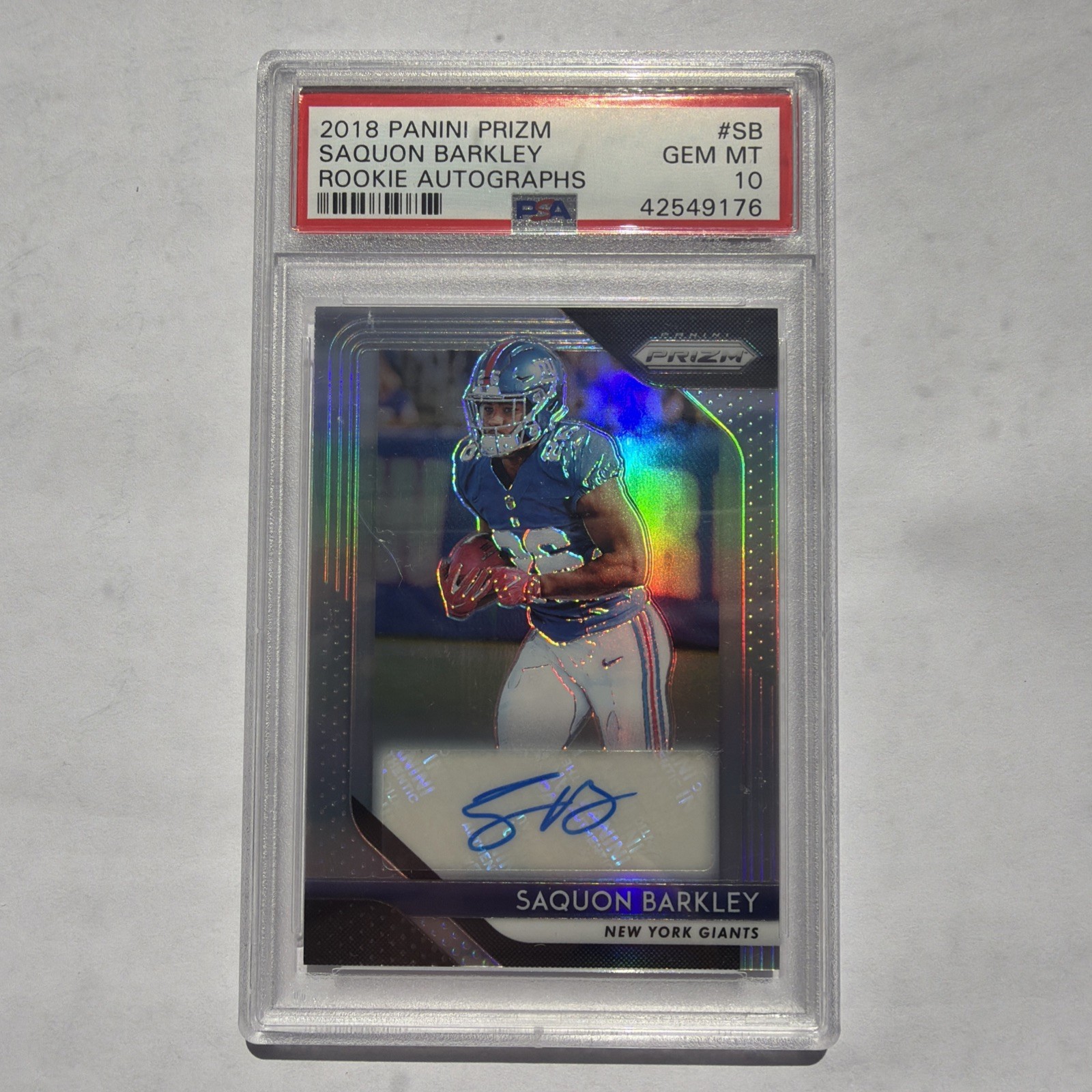 2018 Panini Prizm Silver Holo Saquon Barkley Rookie Autographs # SB RC PSA 10