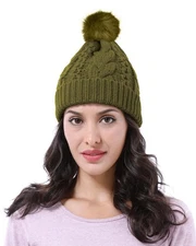 LADIES WOMENS CABLE KNIT WINTER POM POM BOBBLE SKI BEANIE HAT FUR FLEECE LINING