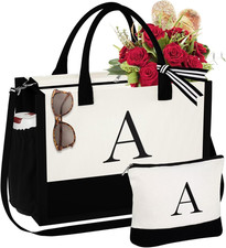 Mothers Day Gifts - Initial Canvas Tote Bag  Makeup Bag, Birthday Gifts for Wom