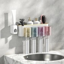 Wall-Mounted Toothbrush Holder with Toothpaste Squeezer and Cup Storage   Bath