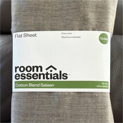 Room Essentials Queen Flat Sheet Cotton Blend Sateen Heather Gray STANDARD 100