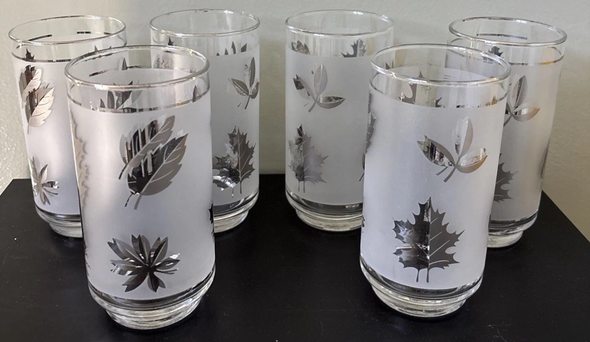 Vintage Libbey Highball Silver Leaf Foliage Tumblers Drinking Glasses Set Of 6