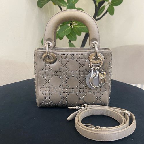 Christian Dior Lady Dior 2Way Top Handle Crossbody Gray Silver Women