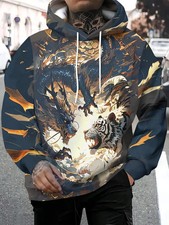 3D Dragon vs White Tiger Hoodie Mythical Battle Art Graphic Pullover Sweatshirt