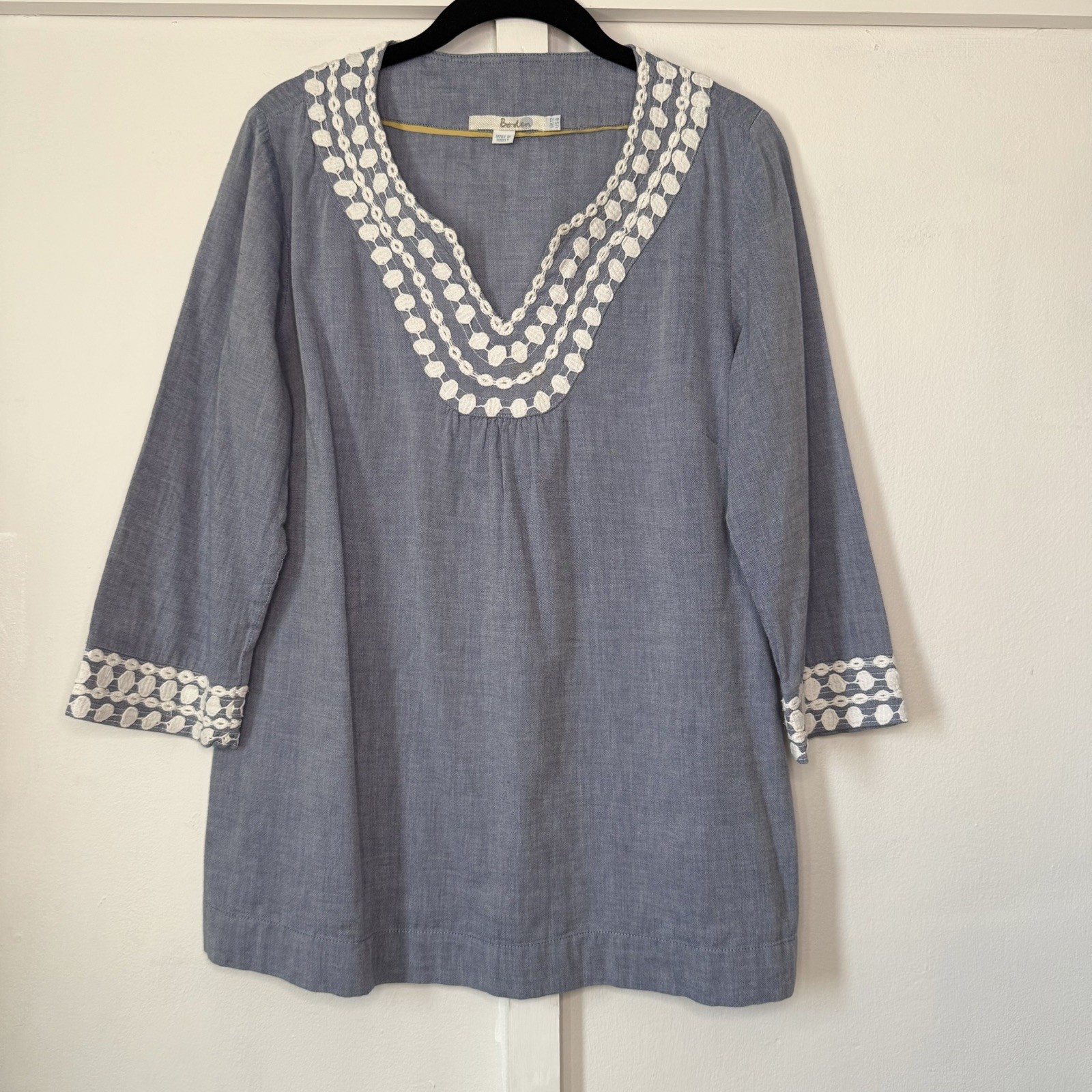 Boden Womens Chambray Blue Tunic Top Size 4 Popover 3/4 Sleeve Lagenlook Boho