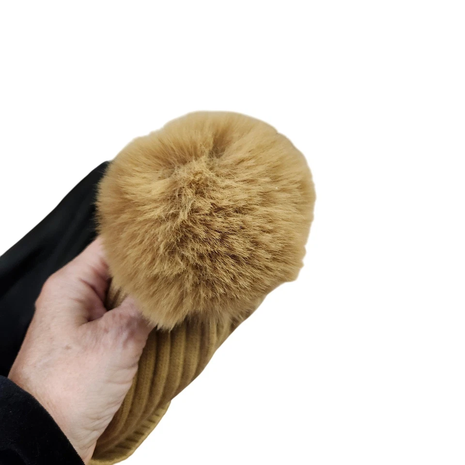 Michael Kors 人造毛皮 加绒衬里 Pom 豆豆帽 冬季针织帽 金色 标志 暖色 — 第 3/4 张图片