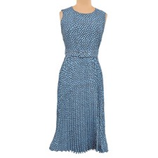 T Tahari Blue Black Paisley Belted Pleated Midi Dress Size 10 Career Mobwife