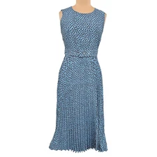 T Tahari Blue Black Paisley Belted Pleated Midi Dress Size 10 Career Mobwife