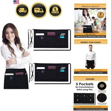 Server Aprons with 5 Pockets 2 Pack Commercial Grade Black Waist Aprons for...