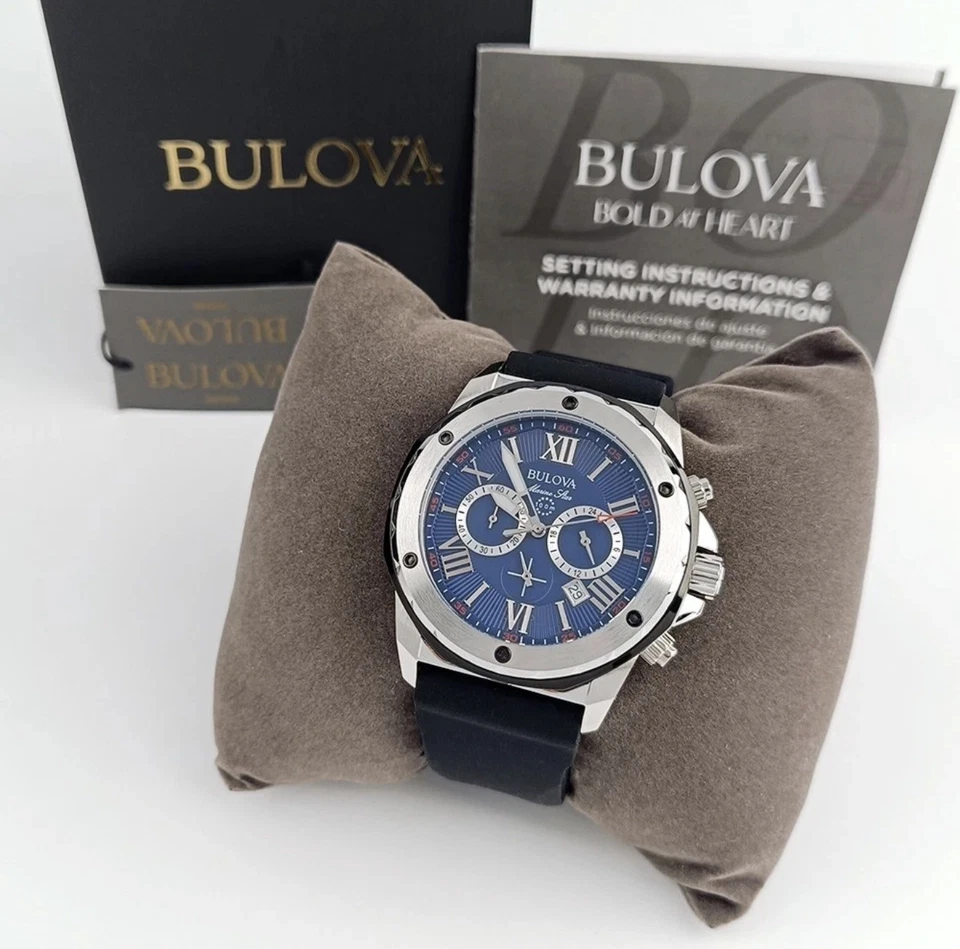 Men's Bulova Marine Star 98B258 Blue Dial Silicone Strap Chrono Quartz Watch - Image 4 of 4