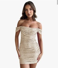 Gold Off The Shoulder Sequin Homecoming Dress; Short Prom Cocktail Gown Size 6/8